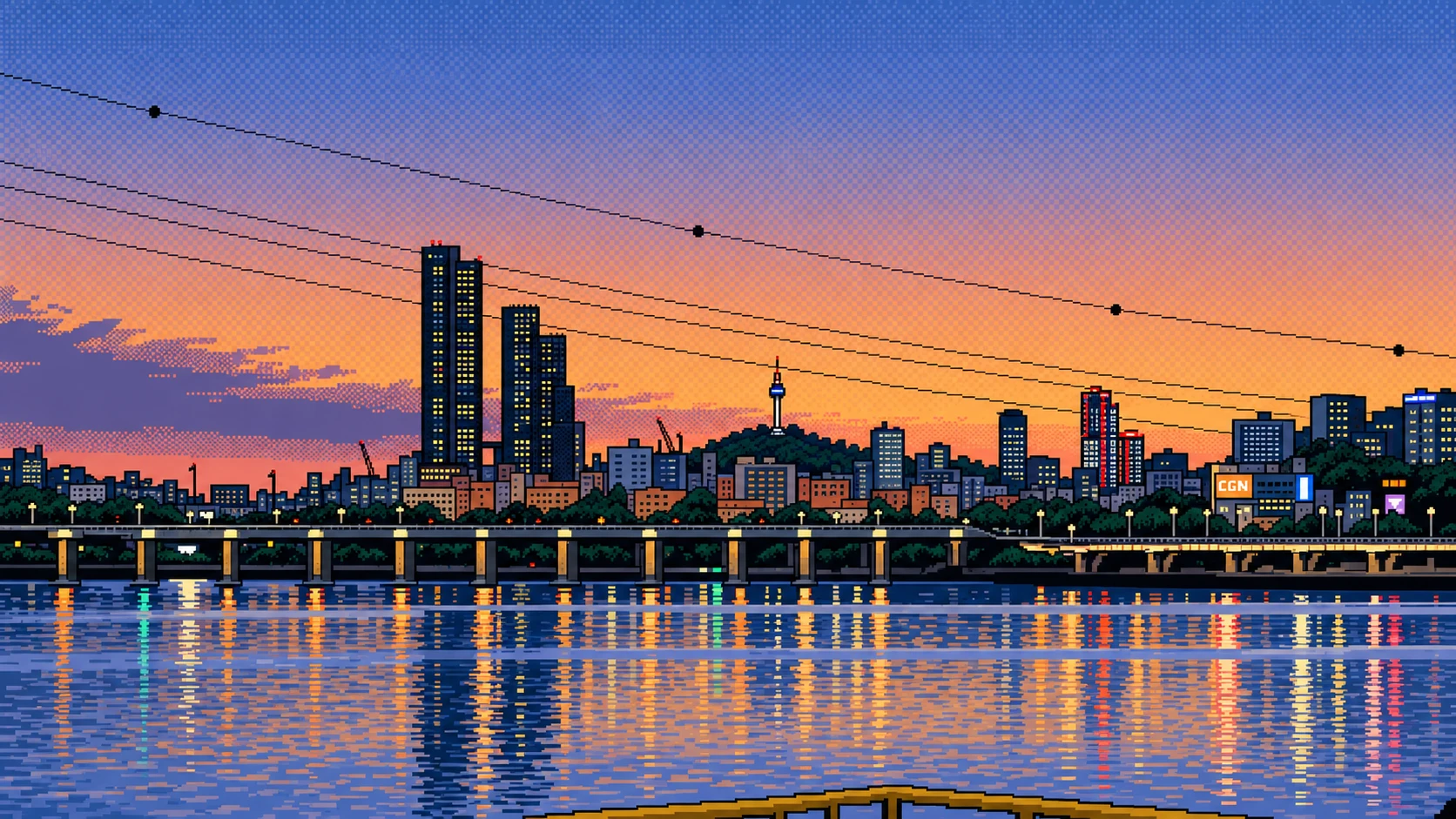 Pixel art of Yeouido’s towers against an orange dusk sky across the Han River