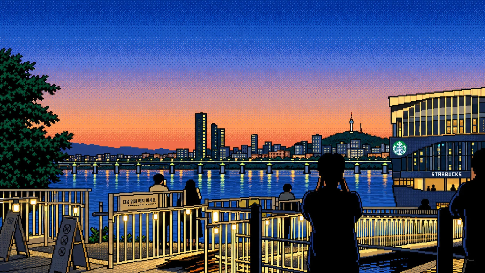 Pixel art of people photographing the sunset from a lit riverside deck on the Han River