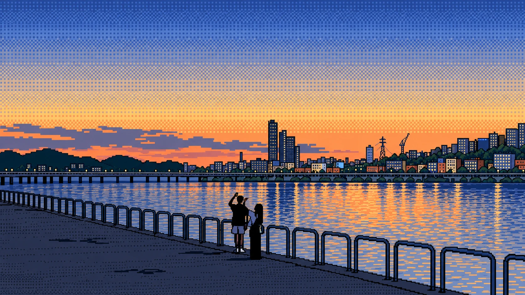 Pixel art of two people taking photos at the railing of a Han River promenade at sunset