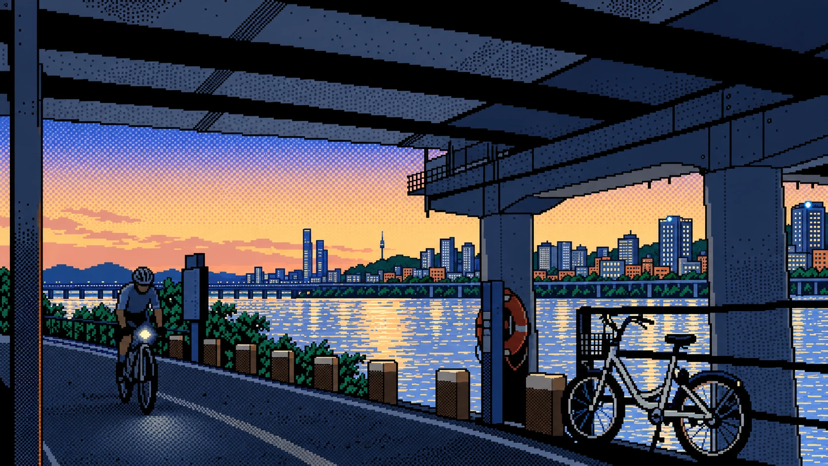 Pixel art of a cyclist with a headlamp and a parked bicycle beneath a bridge on the Han River at dusk