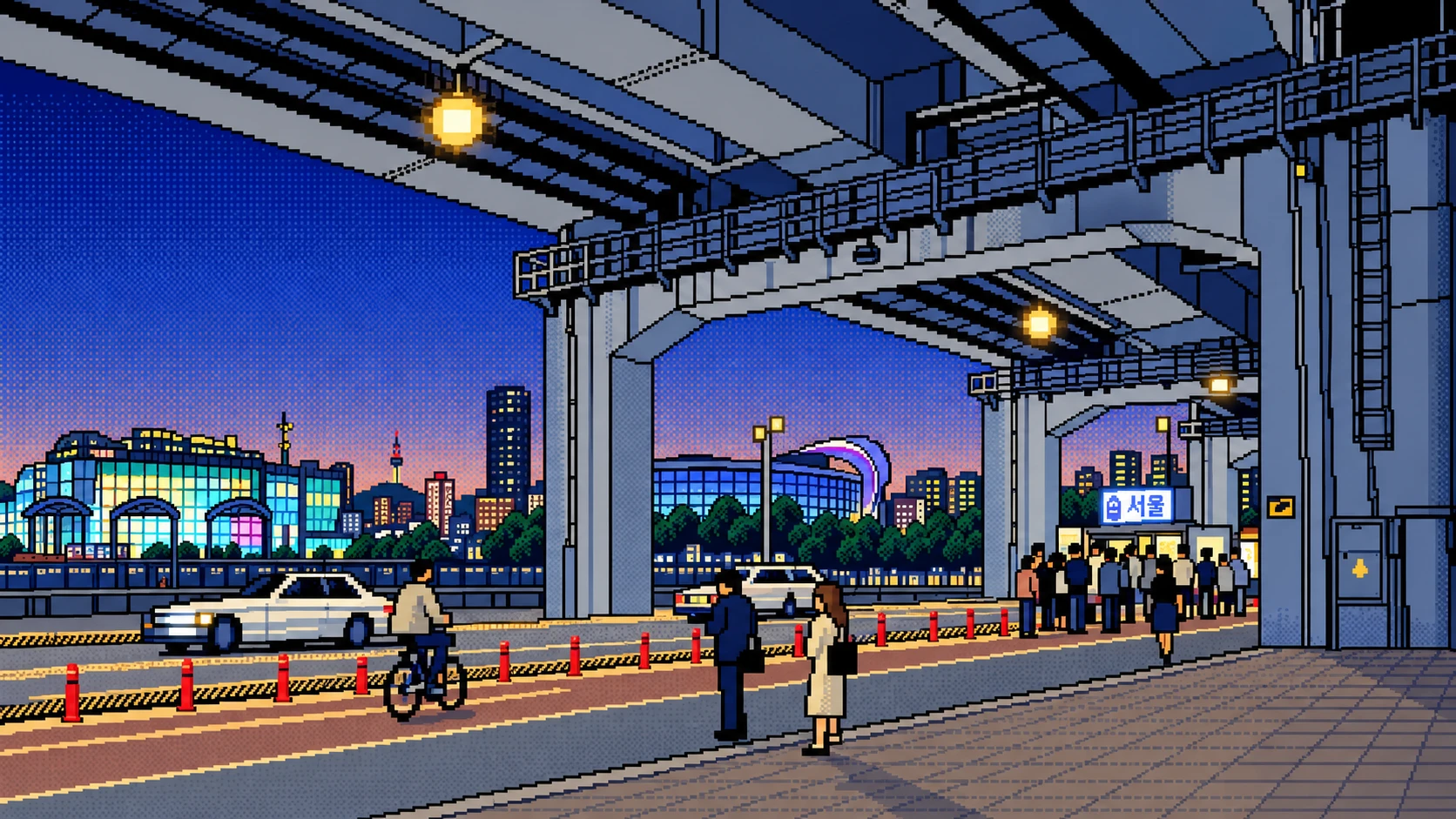 Pixel art of passers-by and traffic beneath the elevated rail line at Ttukseom at night